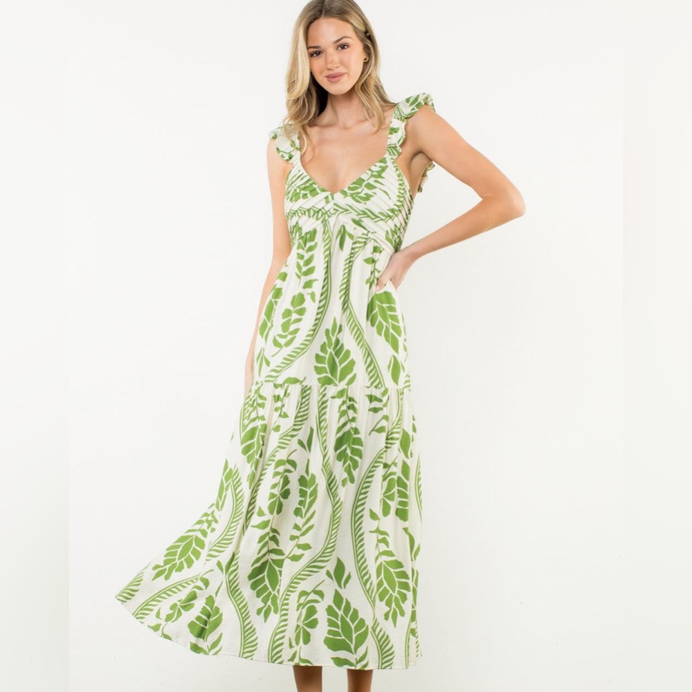 THML Inaya flutter sleeve green leaf print maxi dress